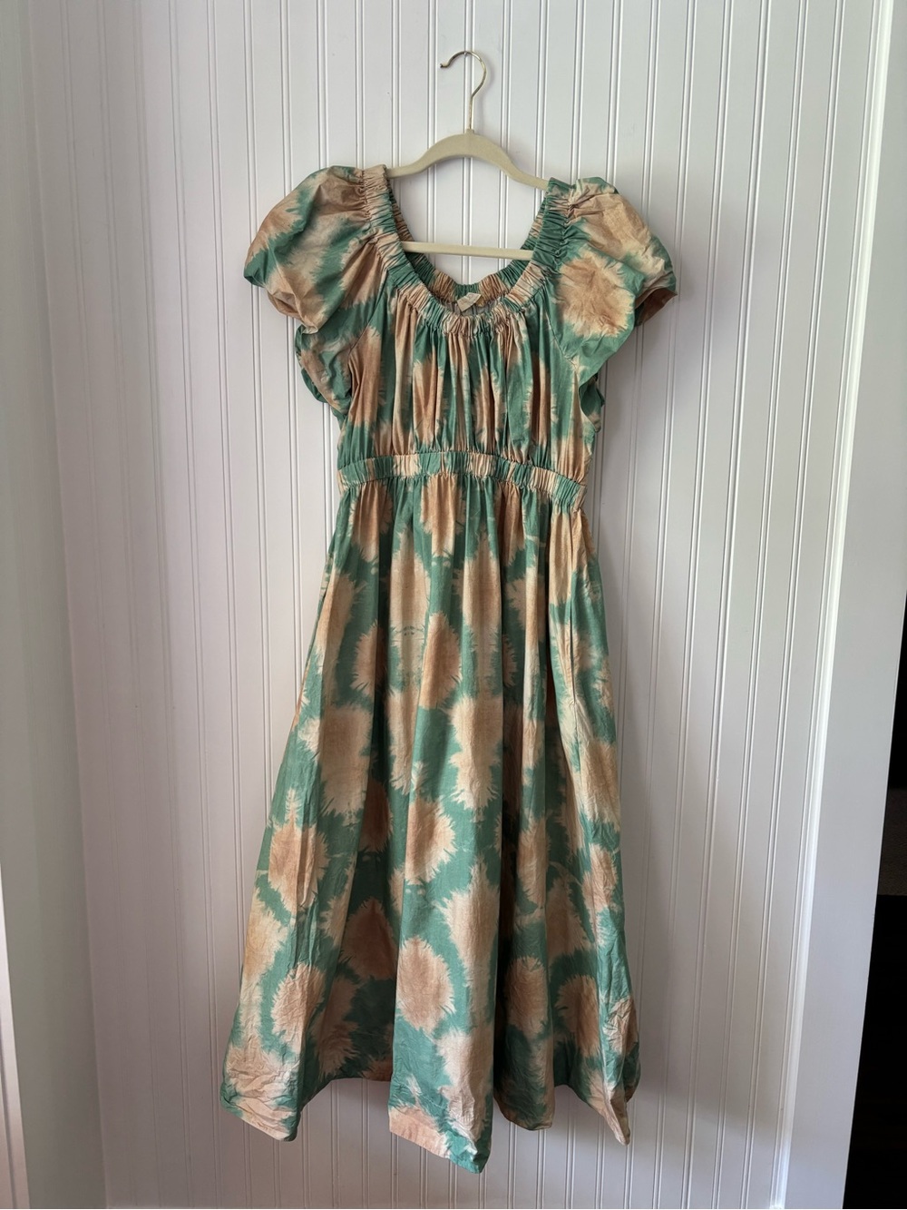 ULLA JOHNSON Teal and Tan Floral Smocked Waist Dress